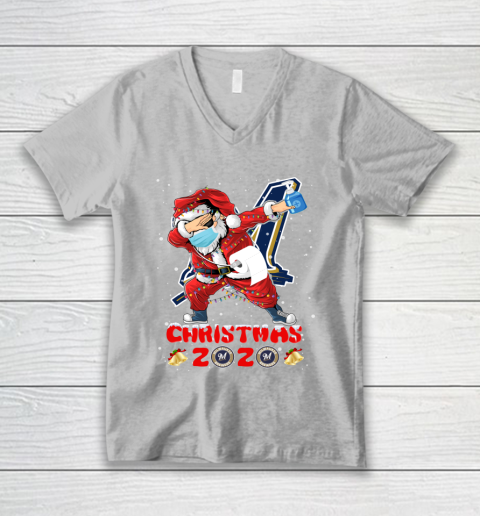Milwaukee Brewers Funny Santa Claus Dabbing Christmas 2020 MLB V-Neck T-Shirt 3
