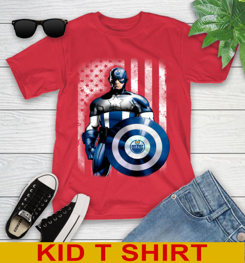 Edmonton Oilers NHL Hockey Captain America Marvel Avengers American Flag Shirt Youth T-Shirt 11