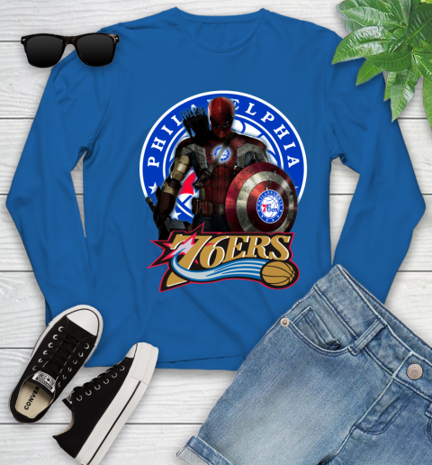 Philadelphia 76ers NBA Basketball Captain America Thor Spider Man Hawkeye Avengers (1) Youth Long Sleeve 9