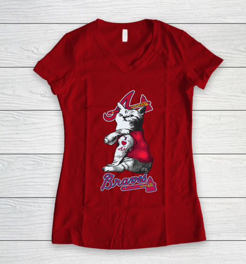 MLB Baseball My Cat Loves Atlanta Braves Women's V-Neck T-Shirt 8