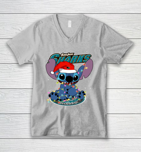 San Jose Sharks NHL Hockey noel stitch Christmas V-Neck T-Shirt 2