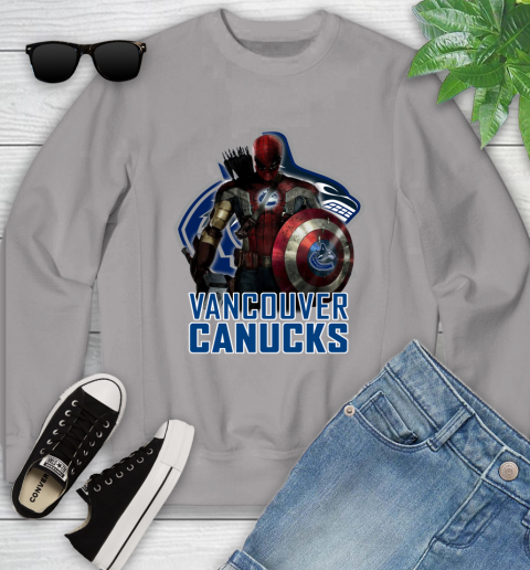 NHL Captain America Thor Spider Man Hawkeye Avengers Endgame Hockey Vancouver Canucks Youth Sweatshirt 4