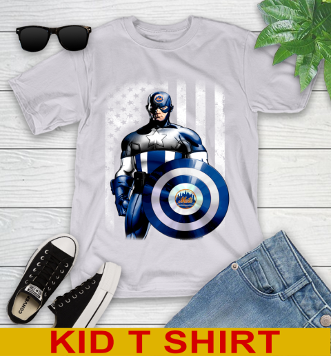 New York Mets MLB Baseball Captain America Marvel Avengers American Flag Shirt Youth T-Shirt 4