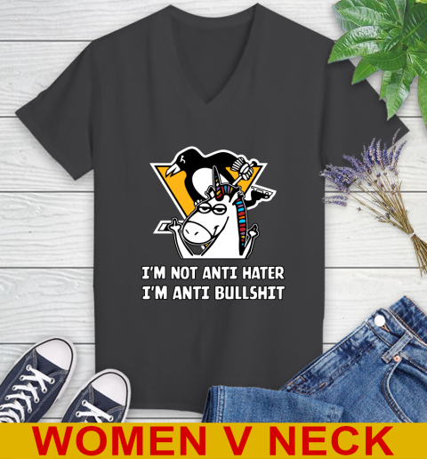 Pittsburgh Penguins NHL Hockey Unicorn I'm Not Anti Hater I'm Anti Bullshit Women's V-Neck T-Shirt 9