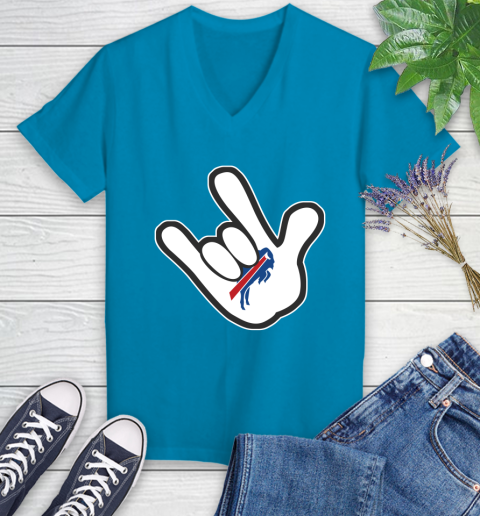 Buffalo Bills NFL Football Mickey Rock Hand Disney Women's V-Neck T-Shirt 7
