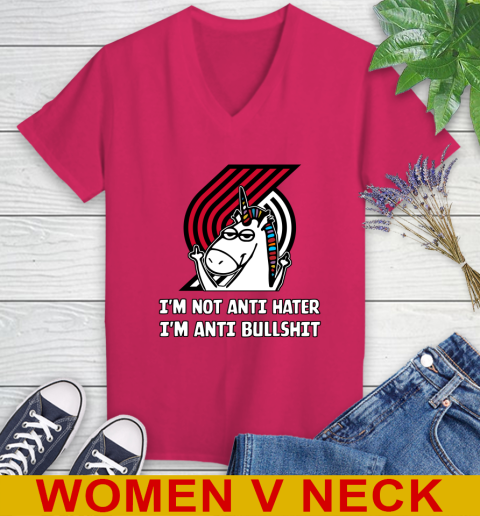 Portland Trail Blazers NBA Basketball Unicorn I'm Not Anti Hater I'm Anti Bullshit Women's V-Neck T-Shirt 10