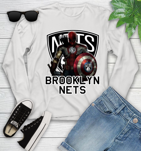 Brooklyn Nets NBA Basketball Captain America Thor Spider Man Hawkeye Avengers Youth Long Sleeve