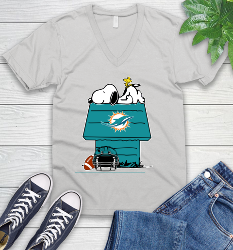Miami Dolphins NFL Football Snoopy Woodstock The Peanuts Movie V-Neck T-Shirt