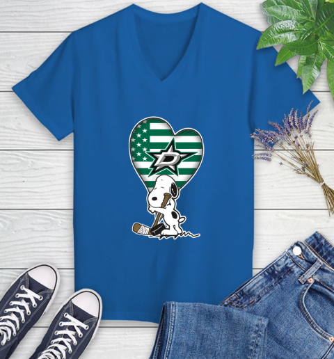 Dallas Stars NHL Hockey The Peanuts Movie Adorable Snoopy Women's V-Neck T-Shirt 10