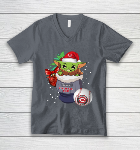 Cincinnati Reds Christmas Baby Yoda Star Wars Funny Happy MLB V-Neck T-Shirt 5
