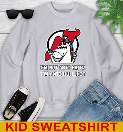 New Jersey Devils NHL Hockey Unicorn I'm Not Anti Hater I'm Anti Bullshit Youth Sweatshirt 4