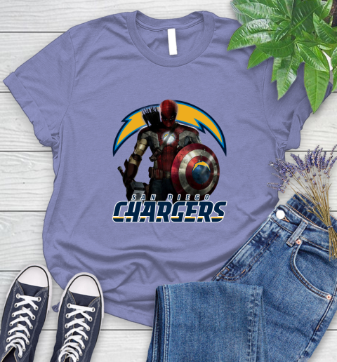 NFL Captain America Thor Spider Man Hawkeye Avengers Endgame Football San Diego Chargers Women's T-Shirt 11