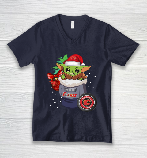 Calgary Flames Christmas Baby Yoda Star Wars Funny Happy NHL V-Neck T-Shirt 3
