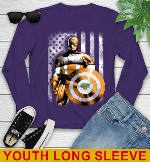 New York Knicks NBA Basketball Captain America Marvel Avengers American Flag Shirt Youth Long Sleeve 4