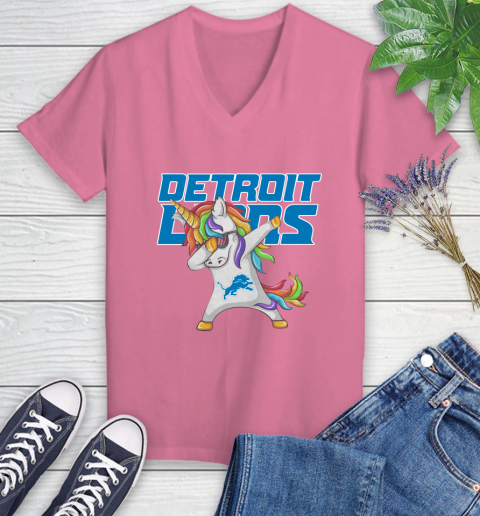 Detroit Lions NFL Football Funny Unicorn Dabbing Sports Women's V-Neck T-Shirt 13