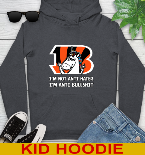 Cincinnati Bengals NFL Football Unicorn I'm Not Anti Hater I'm Anti Bullshit Youth Hoodie 9