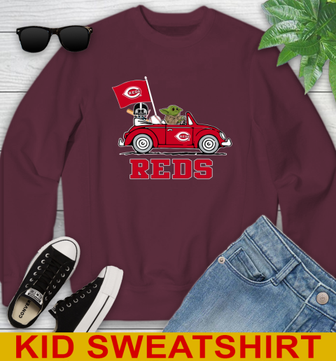 MLB Baseball Cincinnati Reds Darth Vader Baby Yoda Driving Star Wars Shirt Youth Sweatshirt 5