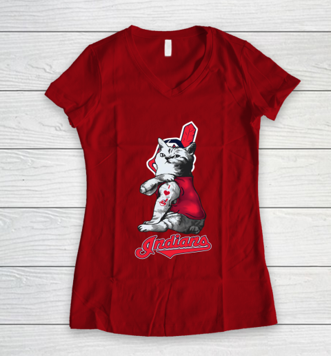 MLB Baseball My Cat Loves Cleveland Indians Women's V-Neck T-Shirt 8