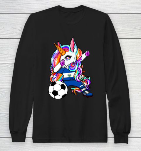 Dabbing Unicorn El Salvador Soccer Fans Jersey Flag Football Long Sleeve T-Shirt