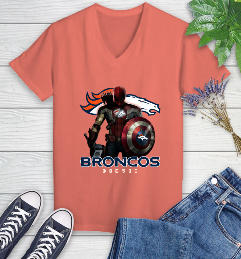 NFL Captain America Thor Spider Man Hawkeye Avengers Endgame Football Denver Broncos Women's V-Neck T-Shirt 6