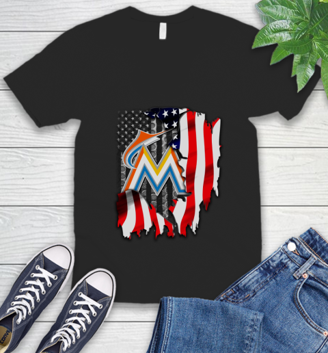 Miami Marlins MLB Baseball American Flag V-Neck T-Shirt