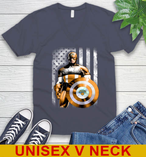 New York Knicks NBA Basketball Captain America Marvel Avengers American Flag Shirt V-Neck T-Shirt 7