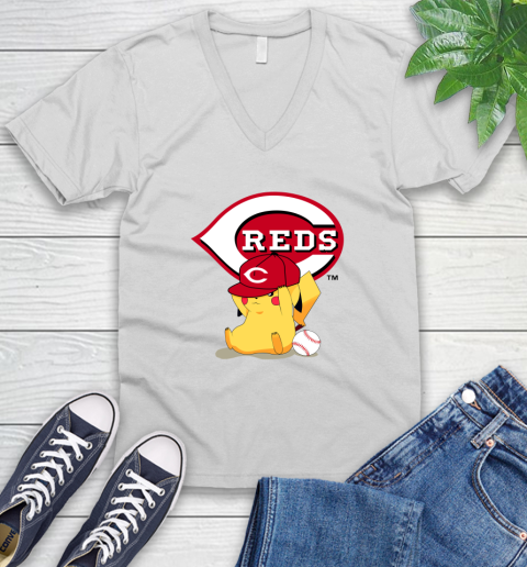 MLB Pikachu Baseball Sports Cincinnati Reds V-Neck T-Shirt