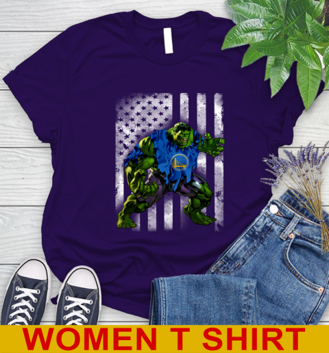 Golden State Warriors Hulk Marvel Avengers NBA Basketball American Flag Women's T-Shirt 4