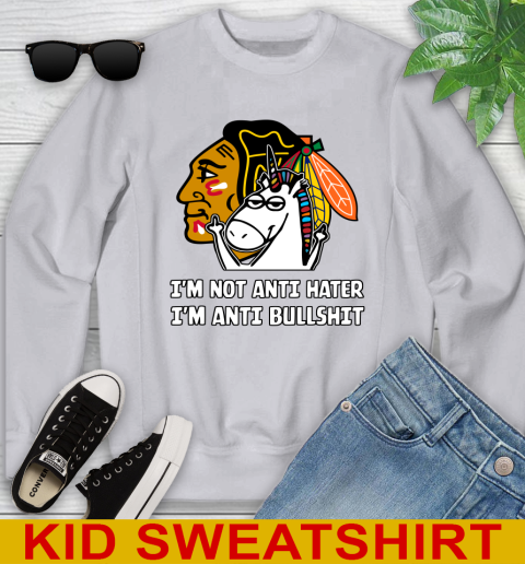 Chicago Blackhawks NHL Hockey Unicorn I'm Not Anti Hater I'm Anti Bullshit Youth Sweatshirt 4