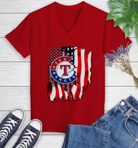 Texas Rangers MLB Baseball American Flag Women's V-Neck T-Shirt 11