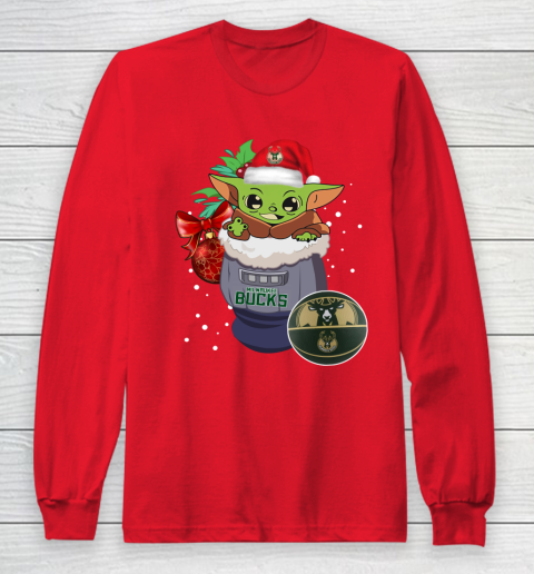 Milwaukee Bucks Christmas Baby Yoda Star Wars Funny Happy NBA Long Sleeve T-Shirt 10