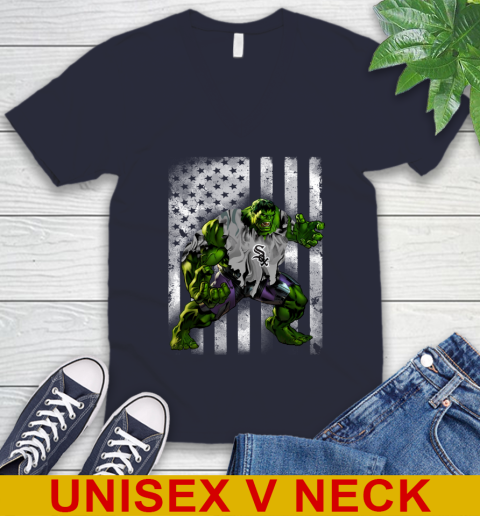 Chicago White Sox Hulk Marvel Avengers MLB Baseball American Flag V-Neck T-Shirt 2