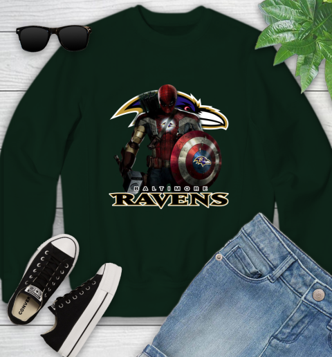 NFL Captain America Thor Spider Man Hawkeye Avengers Endgame Football Baltimore Ravens Youth Sweatshirt 10