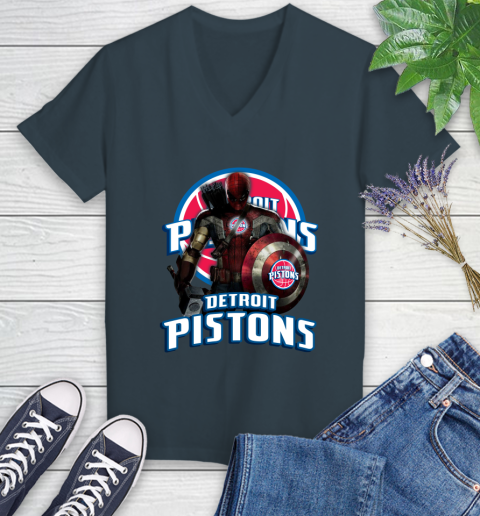 Detroit Pistons NBA Basketball Captain America Thor Spider Man Hawkeye Avengers Women's V-Neck T-Shirt 8