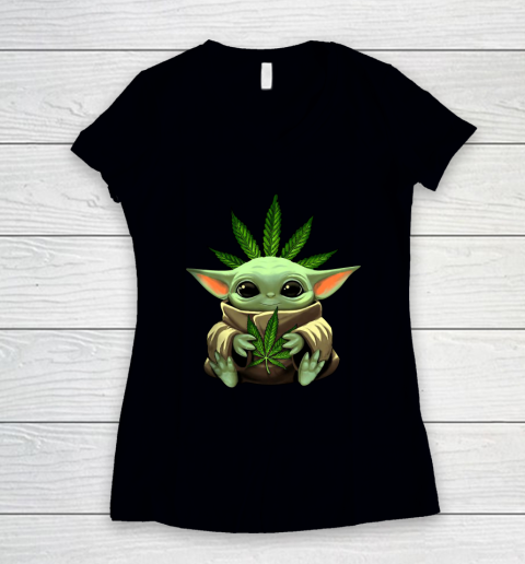 Baby Yoda Hug Marijuana Canabis Women's V-Neck T-Shirt