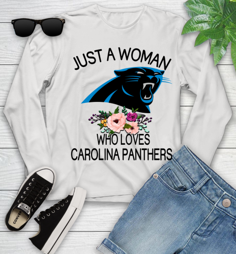 NFL Just A Woman Who Loves Carolina Panthers Football Sports Youth Long Sleeve