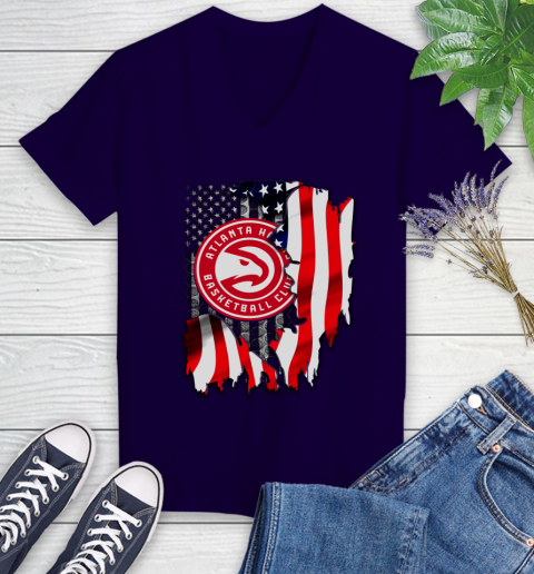 Atlanta Hawks NBA Basketball American Flag Women's V-Neck T-Shirt 3