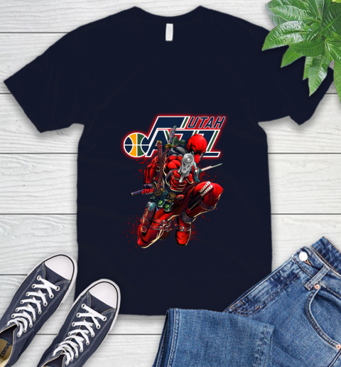 NBA Deadpool Marvel Comics Sports Basketball Utah Jazz V-Neck T-Shirt 3