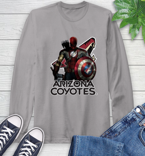 NHL Captain America Thor Spider Man Hawkeye Avengers Endgame Hockey Arizona Coyotes Long Sleeve T-Shirt 6