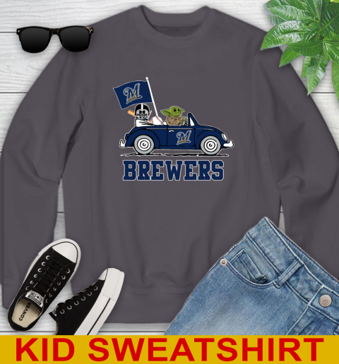 MLB Baseball Milwaukee Brewers Darth Vader Baby Yoda Driving Star Wars Shirt Youth Sweatshirt 6