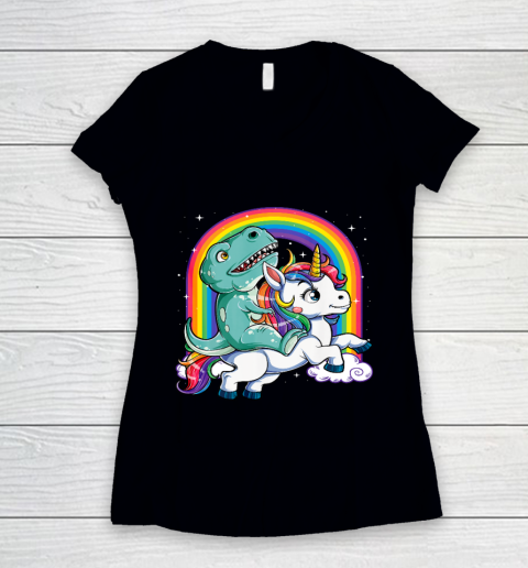 Dinosaur Riding Unicorn T Shirt Kids Men Rainbow Gifts T rex Women's V-Neck T-Shirt