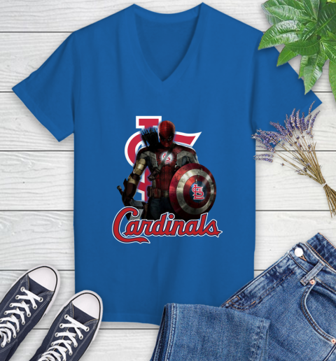 MLB Captain America Thor Spider Man Hawkeye Avengers Endgame Baseball St.Louis Cardinals Women's V-Neck T-Shirt 10