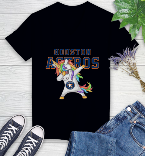 Houston Astros MLB Baseball Funny Unicorn Dabbing Sports Women's V-Neck T-Shirt 2