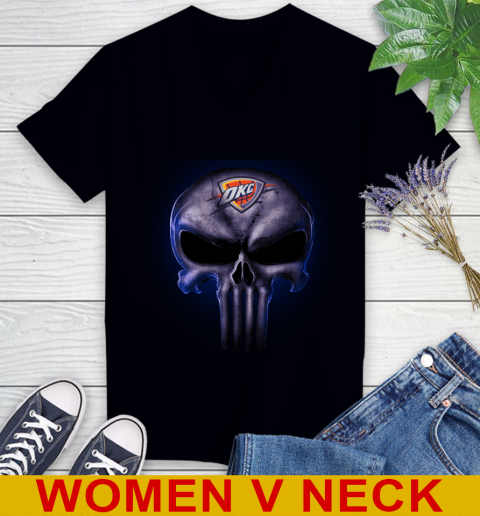 Oklahoma City Thunder NBA Basketball Punisher Skull Sports Women's V-Neck T-Shirt