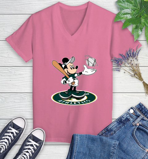 MLB Baseball Oakland Athletics Cheerful Mickey Disney Shirt Women's V-Neck T-Shirt 11