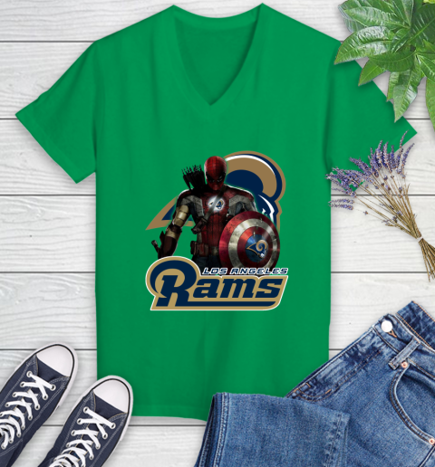 NFL Captain America Thor Spider Man Hawkeye Avengers Endgame Football Los Angeles Rams Women's V-Neck T-Shirt 5