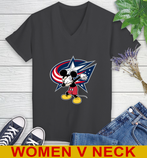 Columbus Blue Jackets NHL Hockey Dabbing Mickey Disney Sports Women's V-Neck T-Shirt 9