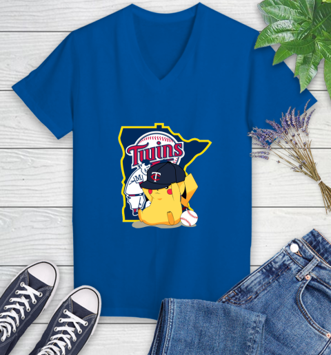 MLB Pikachu Baseball Sports Minnesota Twins Women's V-Neck T-Shirt 10