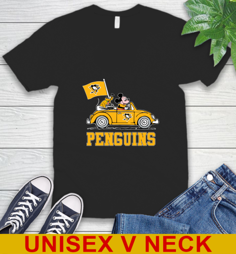 NHL Hockey Pittsburgh Penguins Pluto Mickey Driving Disney Shirt V-Neck T-Shirt 2