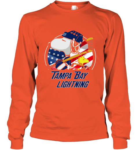 Tampa Bay lightning Snoopy And Woodstock NHL vjgm tampa bay lightningsnoopy and woodstock nhl youth long sleeve 50 front orange